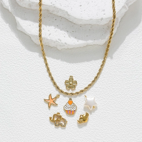 Stainless Steel DIY Pendants Starfish Heart Elephant Flower Cupcake Charms Rhinestone Artificial Pearl Gold Plated Jewelry