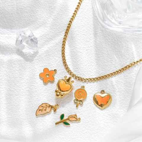Fashion Stainless Steel Pendants Gold Plated Enamel Flower Heart Lollipop Leaf Butterfly Charms For DIY Jewelry Making Necklaces Bracelets Accessories