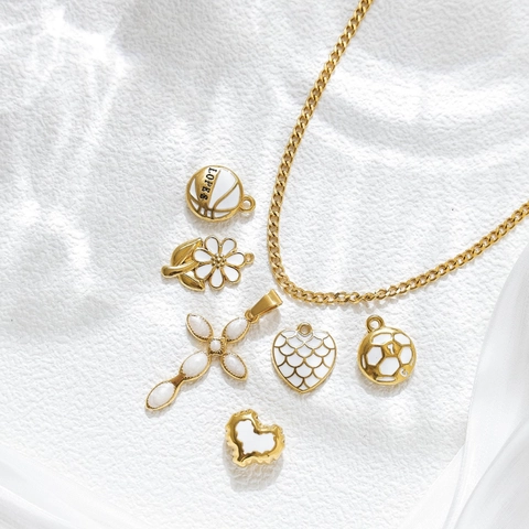 Stainless Steel Pendants Gold White Enamel Cross Heart Daisy Flower Basketball Soccer Ball Charms For DIY Jewelry Making