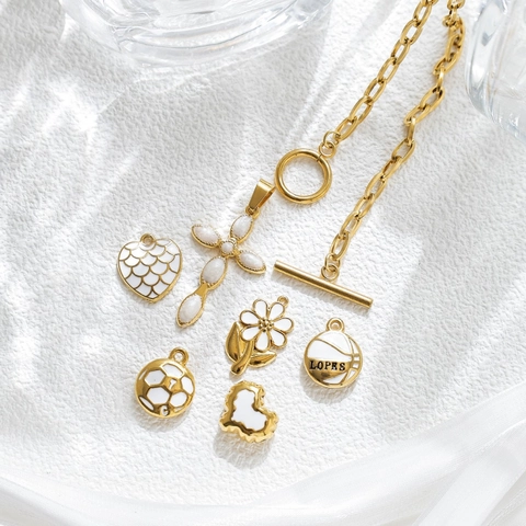 Stainless Steel Pendants Gold White Enamel Cross Heart Daisy Flower Basketball Soccer Ball Charms For DIY Jewelry Making