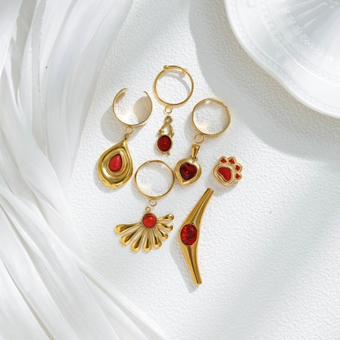 Stainless Steel Pendants With Red Zirconia Heart Cat Paw Water Drop Fan Clock Shape Charms For DIY Jewelry Making Pendants Only