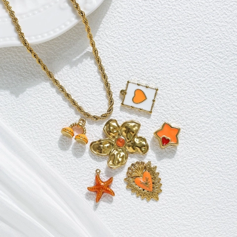 Vibrant Orange Stainless Steel Pendant For DIY Jewelry Making Gold Plated Enamel Heart Star Starfish Flower Charm For Women