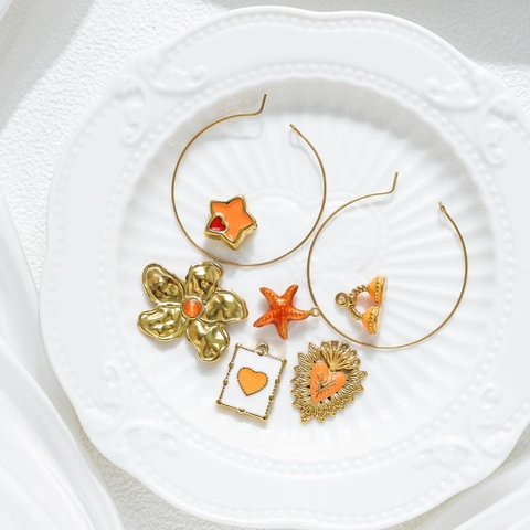 Vibrant Orange Stainless Steel Pendant For DIY Jewelry Making Gold Plated Enamel Heart Star Starfish Flower Charm For Women