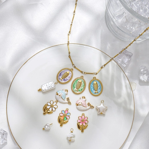 18K Verguld Roestvrij Staal Emaille Dolfijn Walvis Bloem Hangers Schattige Cartoon DIY Sieraden Charms Voor Sleutelhanger