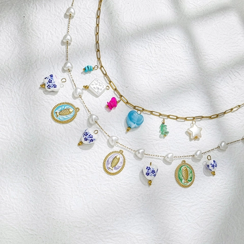 Ocean Style Stainless Steel Ceramic DIY Jewelry Pendants Fish Heart Star Blue White Porcelain Charms For Necklace Making
