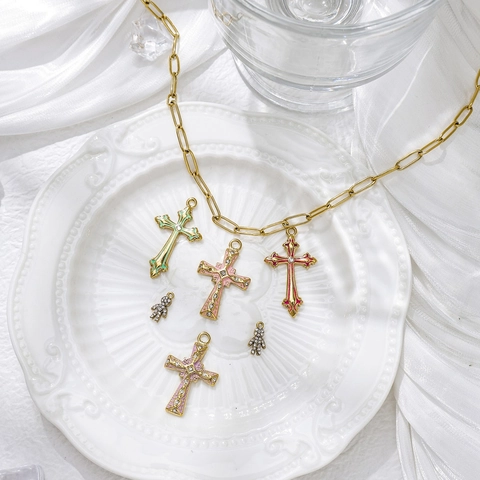 Vintage Stainless Steel Cross Pendant With Rhinestone Enamel Human Figure Charm For DIY Jewelry Making Accessories