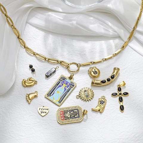 Vintage 304 Stainless Steel Tarot Card Pendants For DIY Jewelry Making Cross Bear Footprint Heart Evil Eye Charms Women Accessories