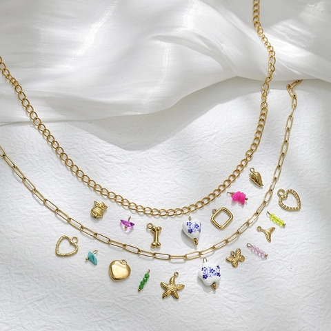 DIY Stainless Steel Alloy Heart Owl Starfish Leaf Bone Pendants Gold Plated Blue Floral Ceramic Charms For Jewelry Making
