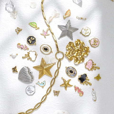 304 Stainless Steel Gold Plated Butterfly Seahorse Cloud Dolphin Pendants Rhinestone Enamel Charms For DIY Jewelry Making Accessories
