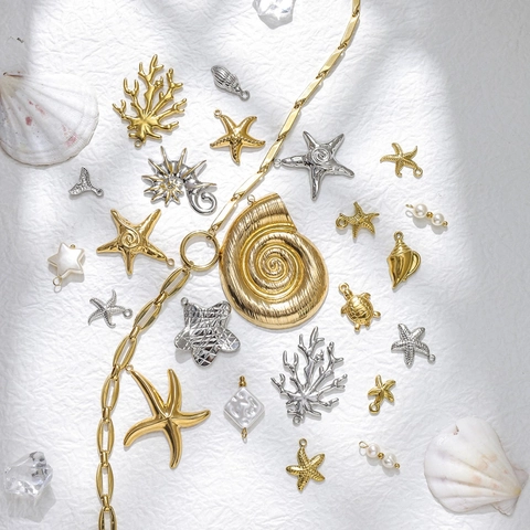 304 Stainless Steel Ocean Series Pendants Starfish Conch Sea Turtle Coral Charms For DIY Jewelry Making Beach Style Artificial Pearl Accessories