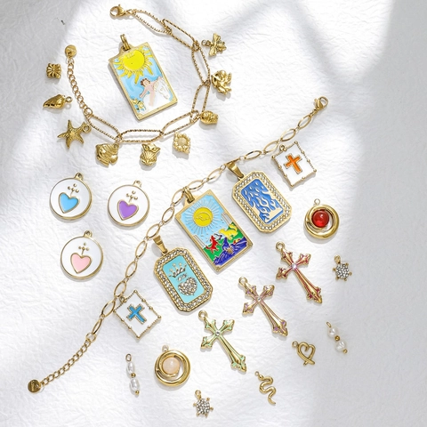 Stainless Steel Tarot Card Cross Heart Pendant Gold Plated Enamel Animal Leaf Charms For DIY Jewelry Necklace Making