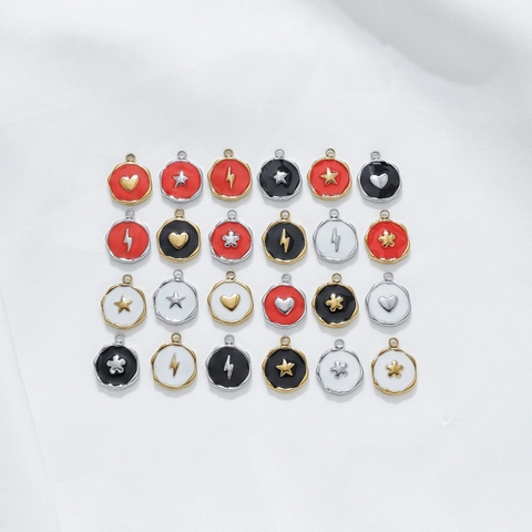 Stainless Steel Enamel Pendant Charms Star Heart Lightning Flower Pattern For DIY Jewelry Making Necklace Accessories Women