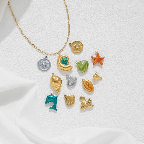 Stainless Steel Marine Ocean Theme Pendants Shell Starfish Dolphin Fish Conch Charms For DIY Jewelry Making Accessories