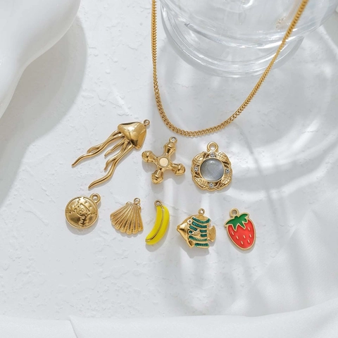 Stainless Steel Gold Plated Jellyfish Cross Banana Strawberry Fish Baseball Pendants For DIY Jewelry Making Keychain Accessory