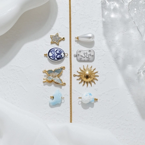 Stainless Steel 18K Gold Plated Pendant Charm Sun Snake Butterfly Star Pattern Artificial Pearl Ceramic DIY Jewelry Accessory