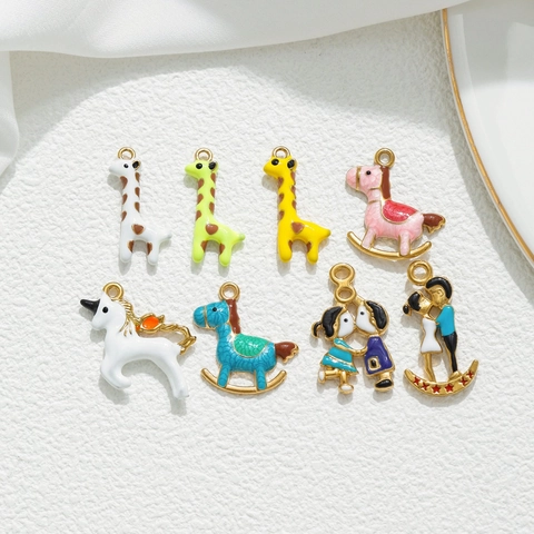Stainless Steel Enamel Animal Pendants For Jewelry Making Cartoon Giraffe Unicorn Rocking Horse Couple Charms DIY Bracelet Necklace Accessories