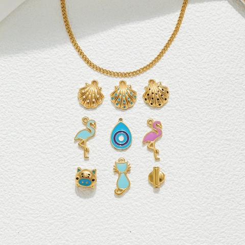 Bohemian Stainless Steel Cute Animal Shell Evil Eye Pendants For DIY Jewelry Making Colorful Enamel Cat Flamingo Charms Accessories