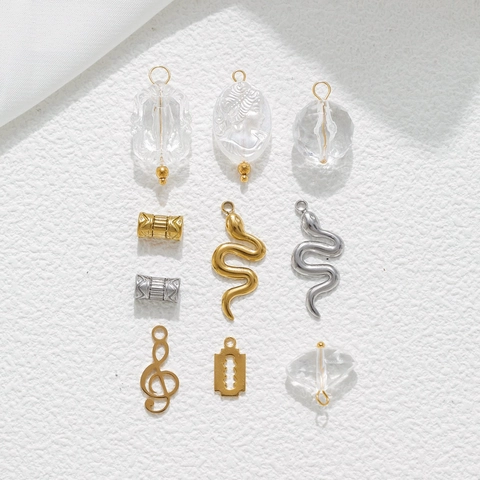 304 Stainless Steel Snake Geometric Pendants Transparent Acrylic Relief Figure Beads For DIY Jewelry Making Accessories