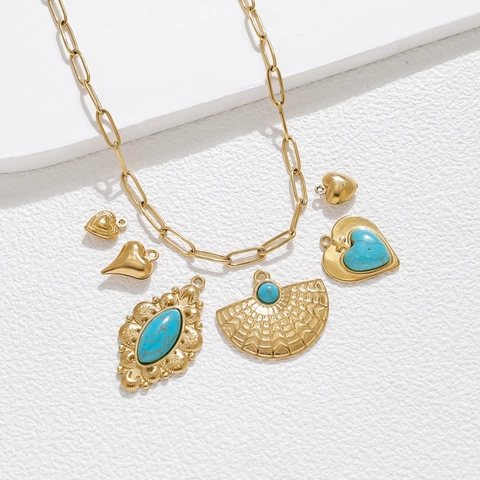 Bohemian Stainless Steel Turquoise Pendant Heart Fan Shape For DIY Necklace Sweater Chain Jewelry Making Accessories