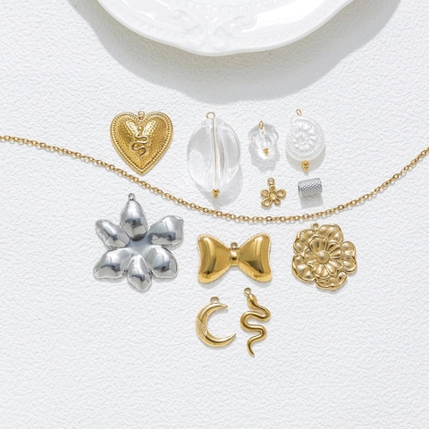 Edelstahl DIY Schmuckherstellung Anhänger Schleife Blume Schlange Herz Nautilus Muschel Klare Perlen Zubehör Für Damen
