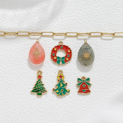 Stainless Steel Christmas Theme Pendants Enamel Drip Oil Christmas Tree Bell Wreath Charms For DIY Jewelry Keychain Accessories