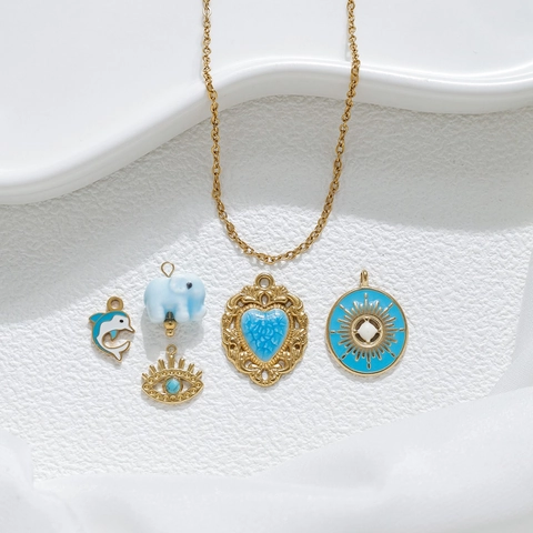 Dijes Retro de Acero Inoxidable Esmalte Azul Delfín Elefante Ojo Turco Corazón para Accesorios de Creación Joyería DIY