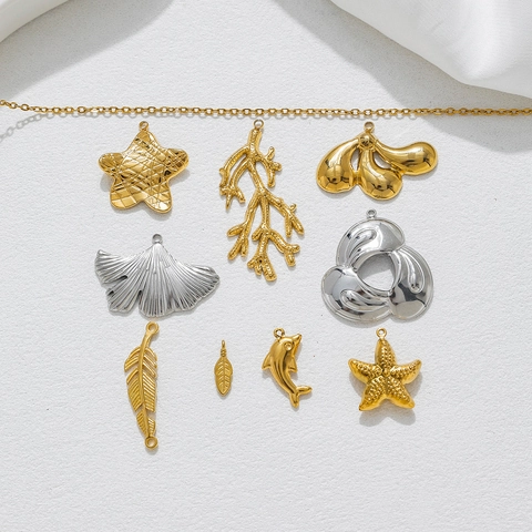Stainless Steel Pendants For Jewelry Making DIY Ginkgo Leaf Starfish Dolphin Feather Coral Charms For Necklace Bracelet Accessories
