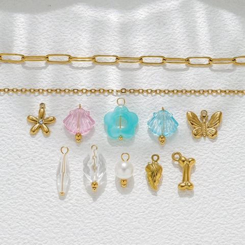 Stainless Steel Pendants Butterfly Flower Leaf Bone Shell Charms Rhinestone Artificial Pearl For DIY Necklace Making Accessories