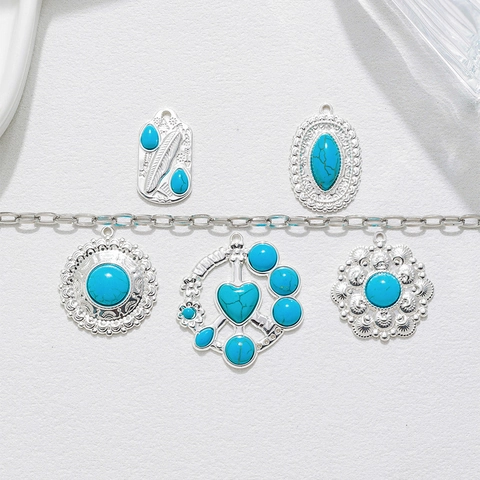 Vintage Stainless Steel Turquoise Inlay Heart Geometric Pendant For DIY Necklace Sweater Chain Ethnic Jewelry Accessory Women