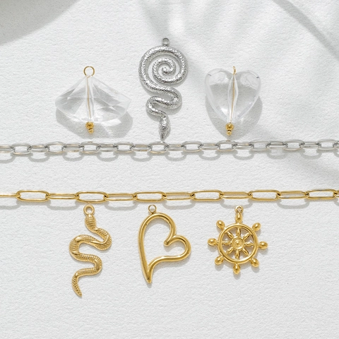 18K Gold Plated Stainless Steel Snake Heart Rudder Pendants Transparent Synthetic Crystal DIY Jewelry Making Accessories Pendant Only