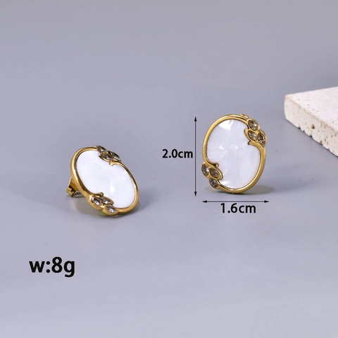 Vintage Stainless Steel Oval Mother Of Pearl Shell Inlaid Rhinestone Stud Earrings And Pendant For Women Fashion Jewelry