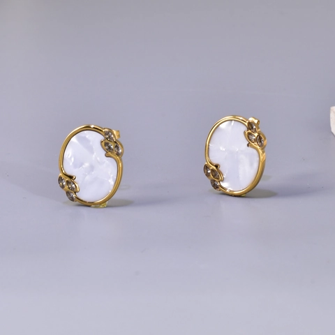 Vintage Stainless Steel Oval Mother Of Pearl Shell Inlaid Rhinestone Stud Earrings And Pendant For Women Fashion Jewelry