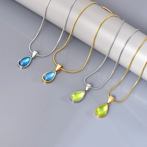 Franse Traan Hanger Halsketting Titaniumstaal 18K Verguld Blauw Groen Hars Kattenoog Steen Slangenketting Sieraden Voor Vrouwen