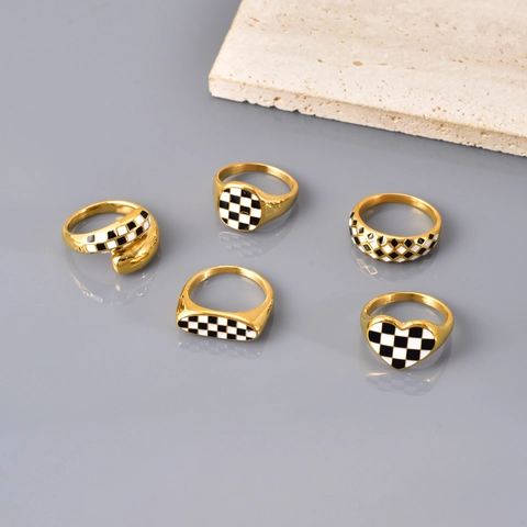 18K Verguld Roestvrij Staal Schaakbord Emaille Hart Rond Ovaal Zegelring Vintage Geometrische Bandring Sieraden Voor Dames