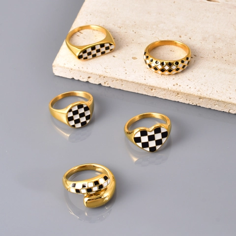 18K Verguld Roestvrij Staal Schaakbord Emaille Hart Rond Ovaal Zegelring Vintage Geometrische Bandring Sieraden Voor Dames