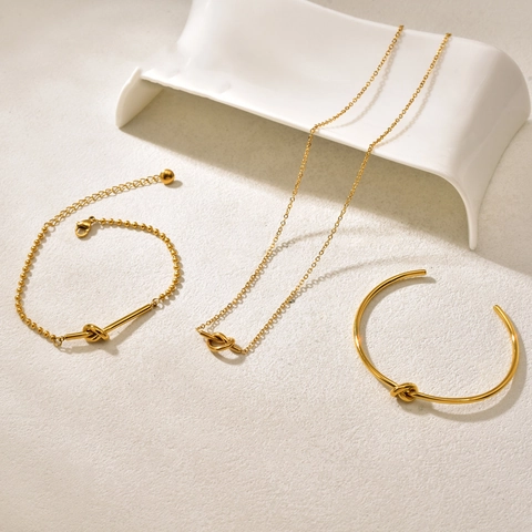 18K Gold Plated Stainless Steel Knot Necklace Bangle And Bracelet Jewelry For Women Minimalist Knot Pendant Fashion Jewelry