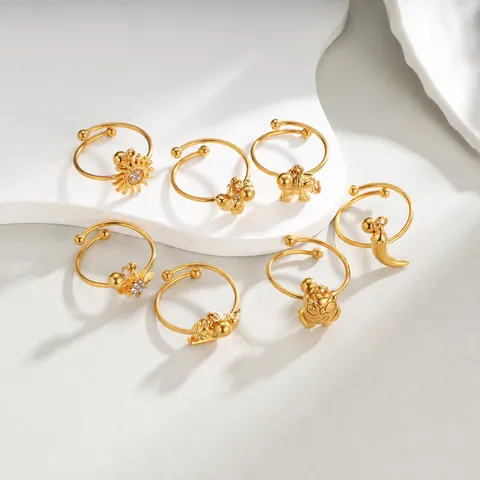 Fashion Gold Plated Stainless Steel Adjustable Open Ring For Women Bohemian Animal Sun Star Pendant Charm Finger Ring