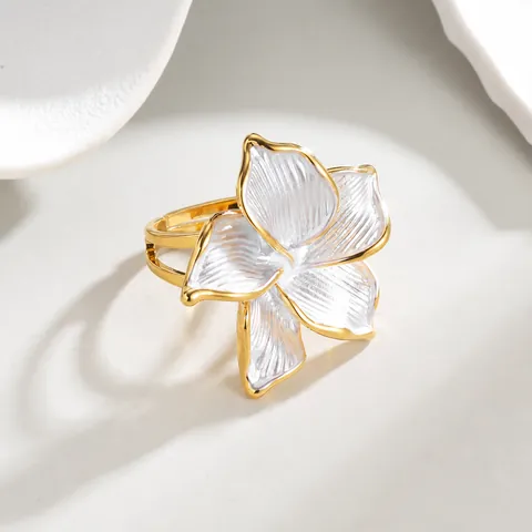 Bague Ouverte Fleur en Acier Inoxydable Mode pour Femme Plaqué Or 18K Émail Floral Bague Ajustable Bijoux Fantaisie