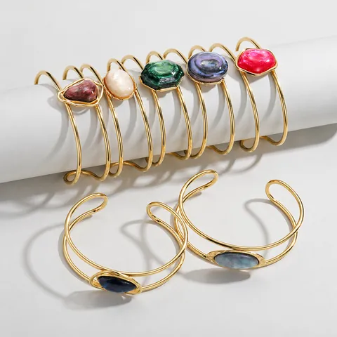 Edelstahl Ausschnitt Offener Armreif Für Damen Vergoldet Geometrische Linie Armband Mehrfarbig Harz Stein Eingelegt Mode Schmuck