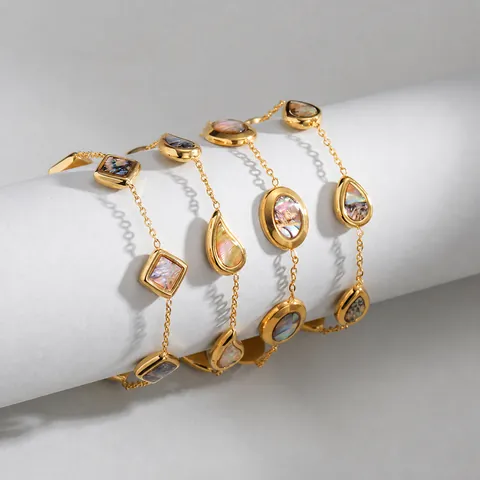 Vintage Stainless Steel Abalone Shell Bracelet For Women Geometric Teardrop Square Oval Inlaid Gold Plated Adjustable Jewelry