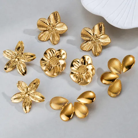 Boucles d'Oreilles Clous en Acier Inoxydable Plaqué Or 14K Vintage Français Bague Ouverte Fleur Brossée Femme