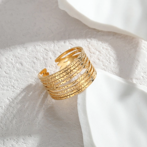 Geometric Lines Stainless Steel Wide Hollow Ring For Women Gold Plated Hammered Texture Adjustable Finger Ring Jewelry