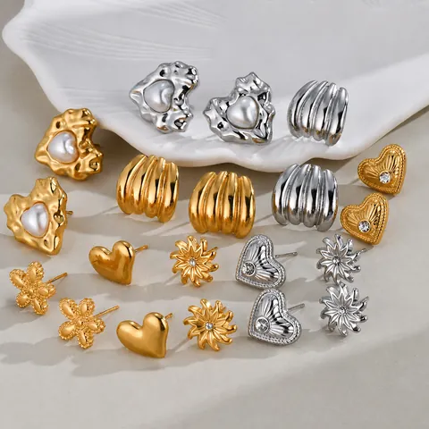 Boucles d'oreilles Clous en Acier Inoxydable Cœur Fleur pour Femme Vintage Strass Perle Artificielle Bijoux