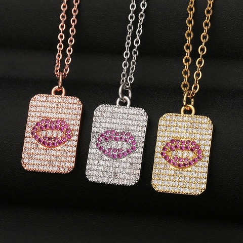 Zirkonia Rote Lippen Dog Tag Anhänger Halskette Kupfer Hip Hop Mode Schmuck Für Damen Herren Gold Silber Roségold Plattiert