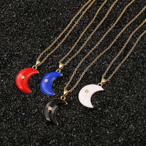 Collar de Colgante de Luna Creciente de Cobre Minimalista Retro Chapado en Oro de 18K Con Estrella Circonia Esmalte Joyería para Mujer