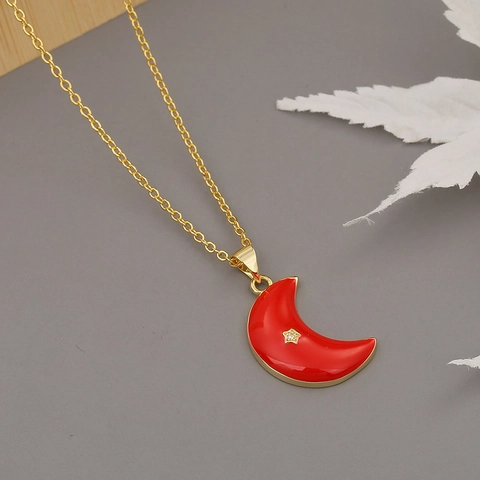 Collar de Colgante de Luna Creciente de Cobre Minimalista Retro Chapado en Oro de 18K Con Estrella Circonia Esmalte Joyería para Mujer