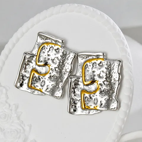 Irregular Hammered Stainless Steel Stud Earrings For Women Gold Silver Two Tone Geometric Trendy Fashion Jewelry Earrings