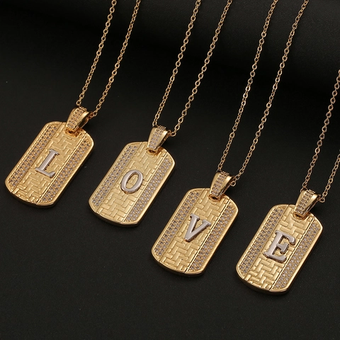 Collar con Colgante de Alfabeto de Cobre Circonia Hip Hop para Mujeres Hombres Chapado en Oro Letra Dog Tag Collar Joyería Iced Out