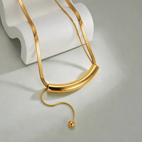 Minimalist Stainless Steel Gold Plated Snake Chain Necklace With Arc Metal Tube Pendant Tassel Dangle For Women Fashion Jewelry