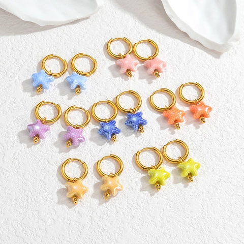 Orecchini a Cerchio in Acciaio Inossidabile con Stella Marina Placcati in Oro 18K Pendenti con Stelle Colorate per Donna
